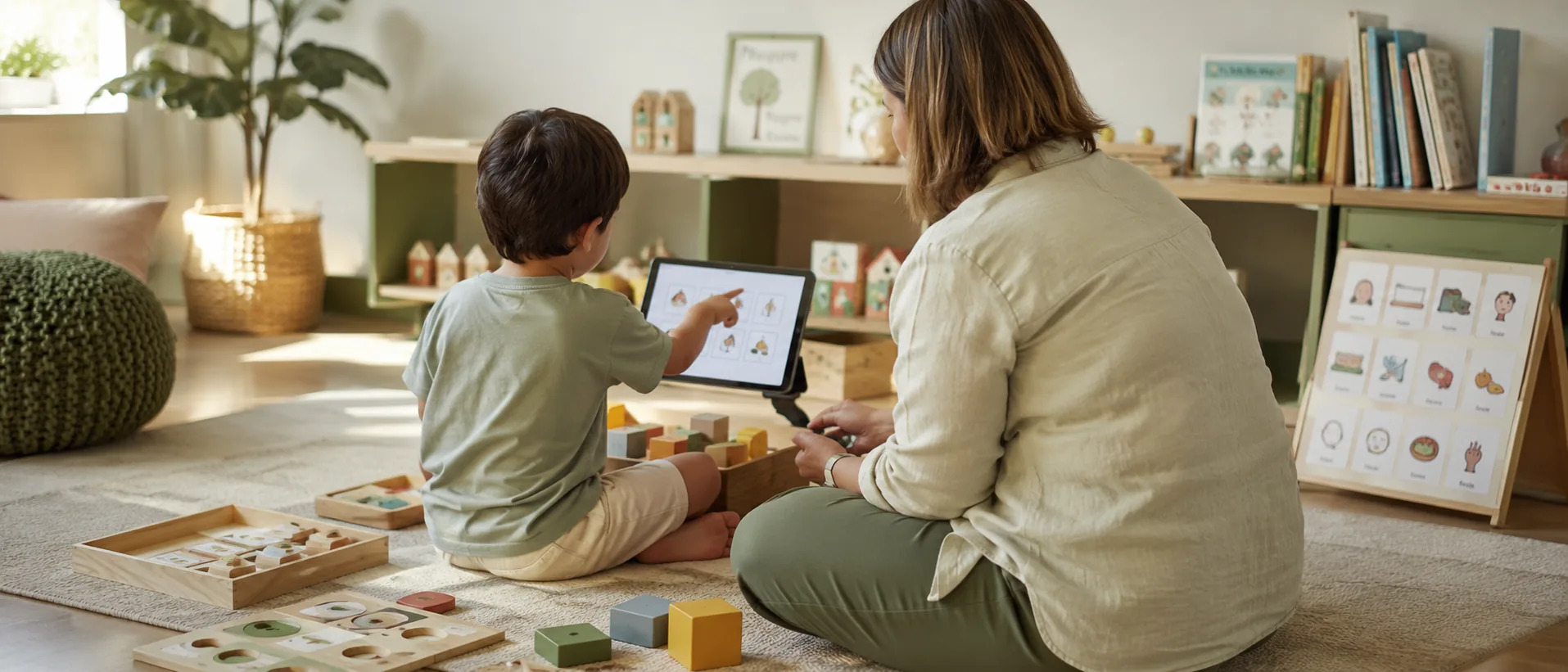 Fonoaudióloga em uma sessão com uma criança, usando tablet com pranchas de comunicação alternativa, em consultório infantil com iluminação natural