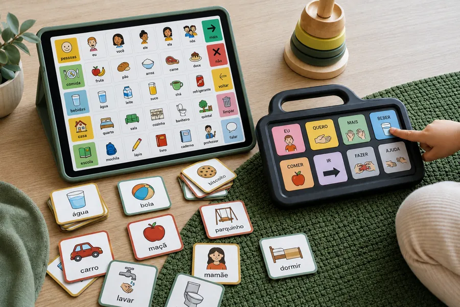 Tablet com pranchas de comunicação alternativa, cartões de figuras e teclado sonoro usado nas sessões