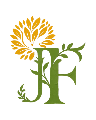 Logo Jeissy Fonoaudiologia: monograma JF em verde com folhas e dente-de-leão amarelo mostarda